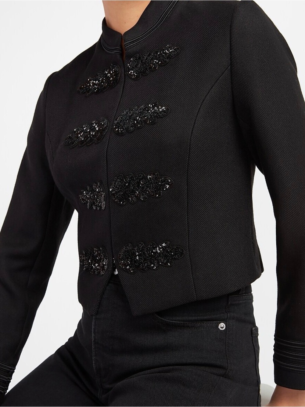 NWT EXPRESS BLACK SEQUIN DETAIL MILITARY STYLE CROPPED BLAZER JACKET $200 M